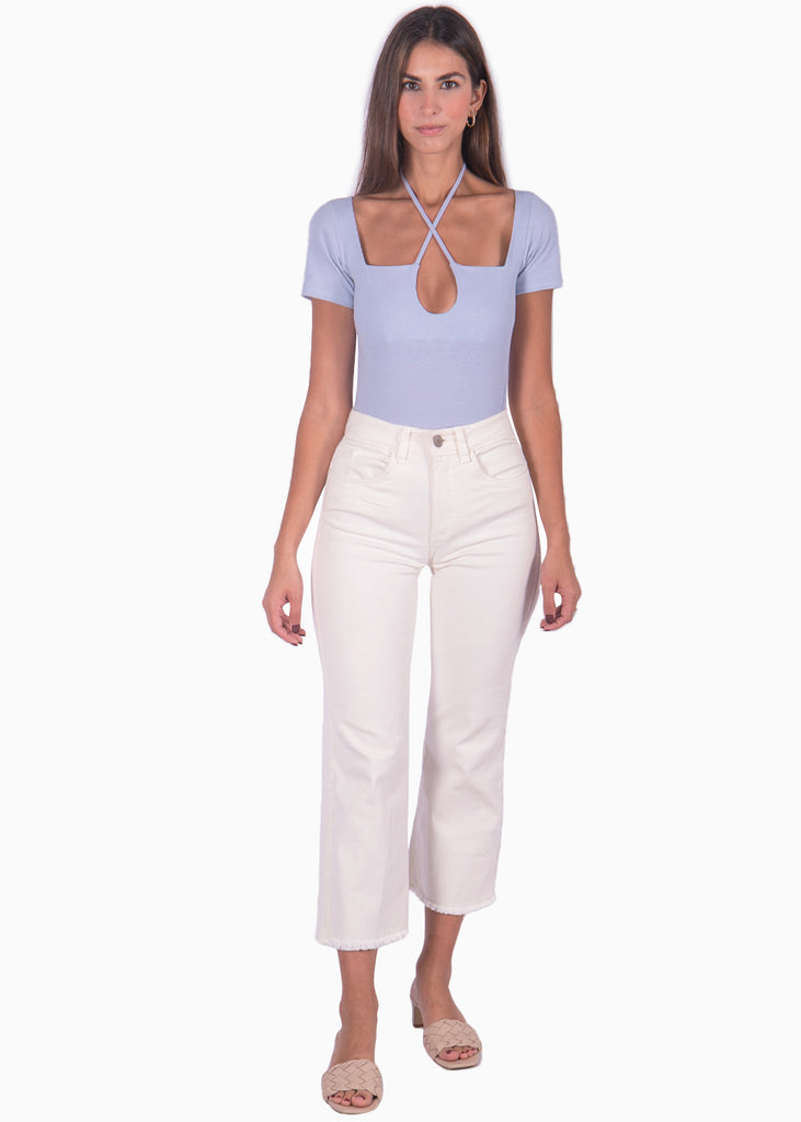Blusa lila manga corta con tiras en escote para mujer Flashy