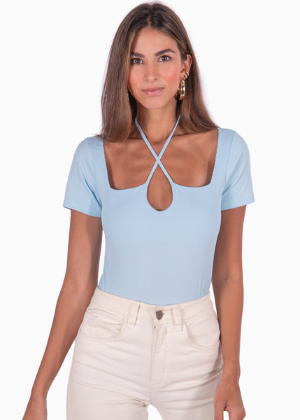 Blusa manga corta azul con tiras en escote para mujer Flashy