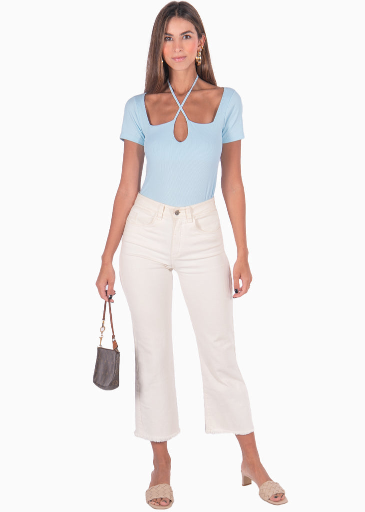 Blusa manga corta azul con tiras en escote para mujer Flashy