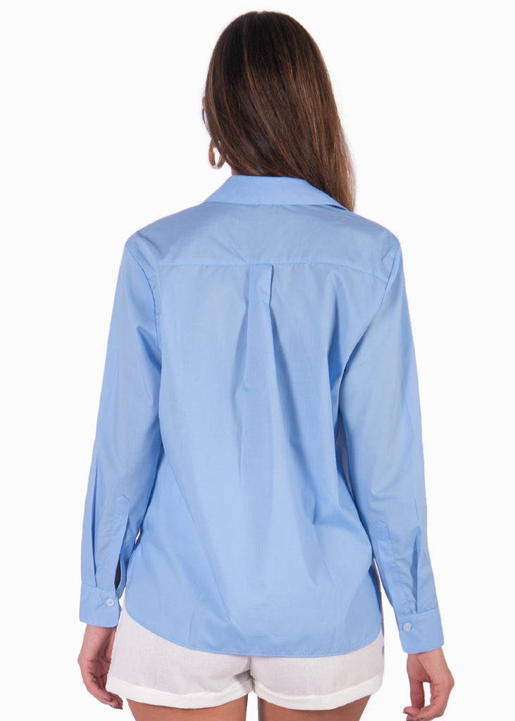 Camisa manga larga con botones y cuello color azul para mujer - Flashy