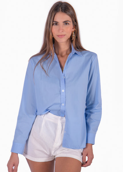 Camisa manga larga con botones y cuello color azul para mujer - Flashy