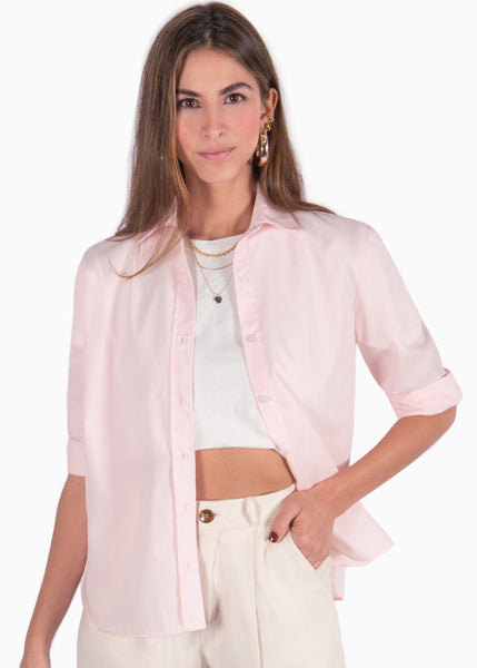 Camisa rosa manga larga con botones y cuello para mujer Flashy