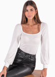 Blusa manga larga con escote cuadrado y mangas abullonadas color blanco, marfil para mujer - Flashy