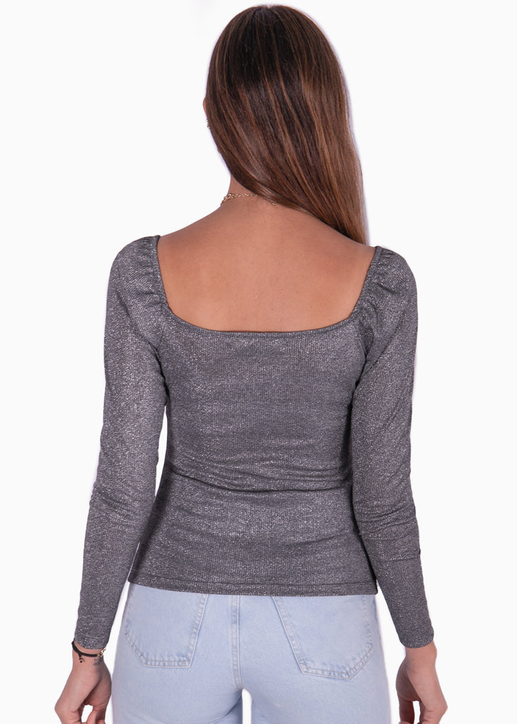 Blusa gris manga larga con recogido en delantero para mujer Flashy