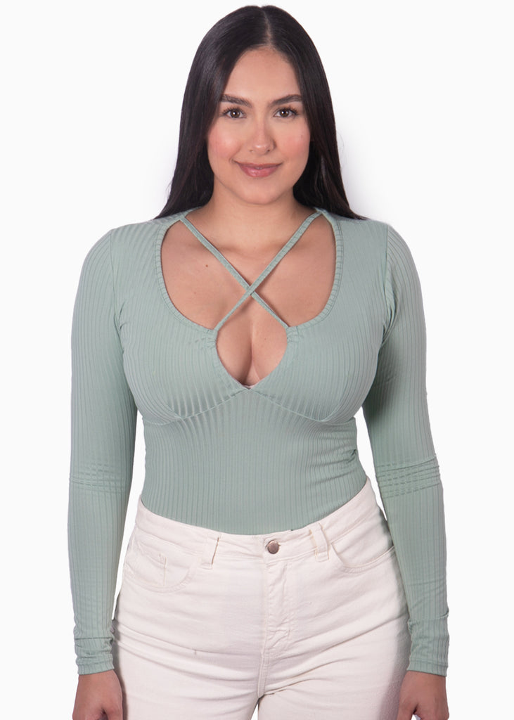 Blusa verde manga larga y escote con recogido para mujer Flashy