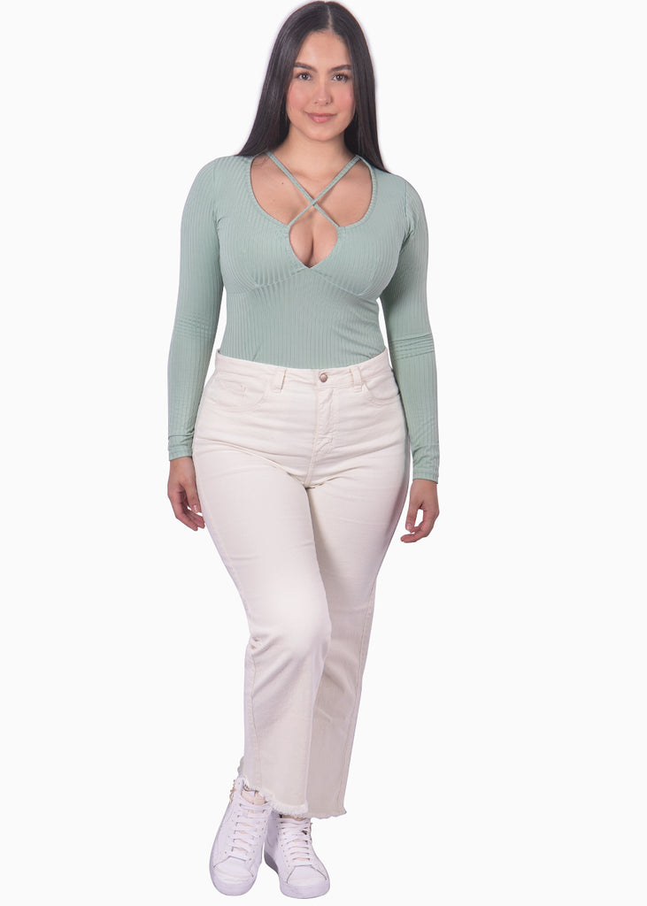 Blusa verde manga larga y escote con recogido para mujer Flashy