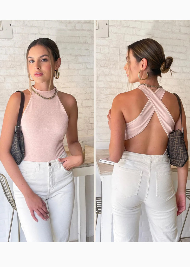 Body rosa con cuello halter y espalda descubierta para mujer Flashy