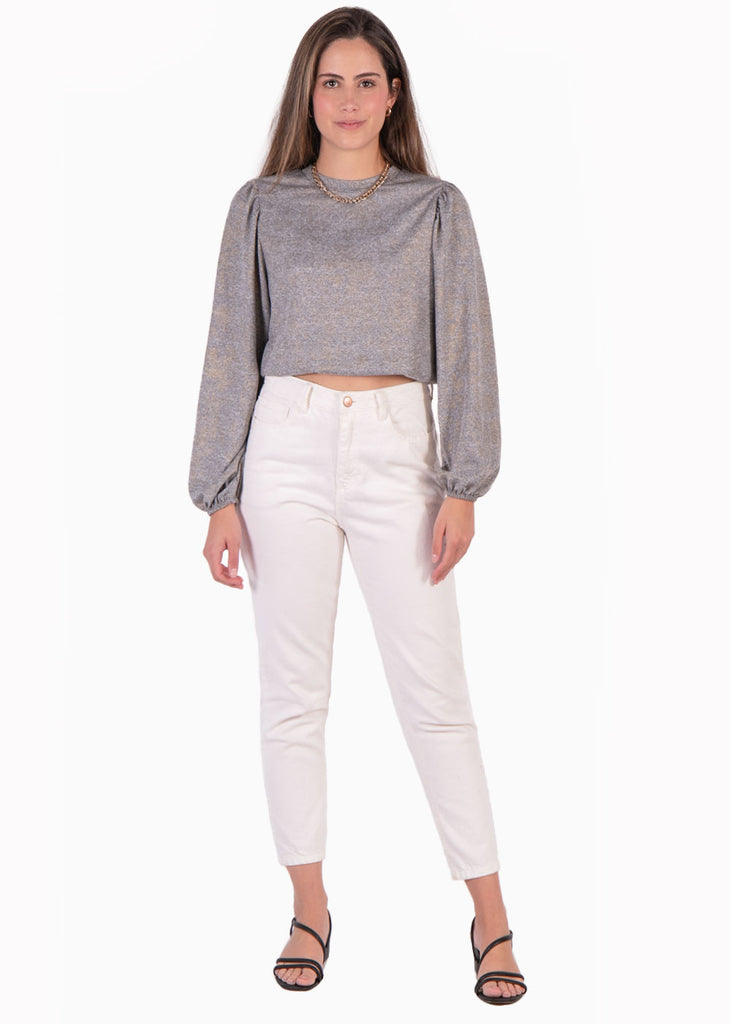 Buzo gris con mangas embombadas y tela metalizada