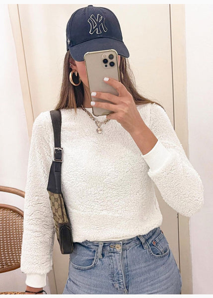 Buzo blanco con pelo sintético manga larga para mujer Flashy