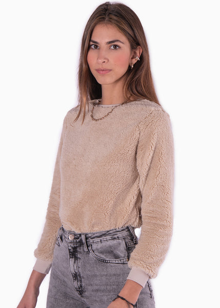 Buzo beige con pelo sintético manga larga para mujer Flashy