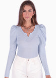 Buzo manga larga, escote en v y recogido en hombros color azul para mujer - Flashy