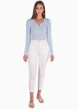 Buzo manga larga, escote en v y recogido en hombros color azul para mujer - Flashy