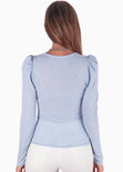 Buzo manga larga, escote en v y recogido en hombros color azul para mujer - Flashy
