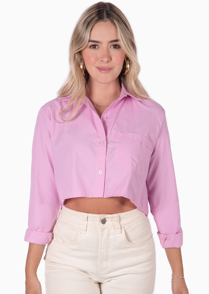 Camisa rosada crop manga larga con botones para mujer Flashy