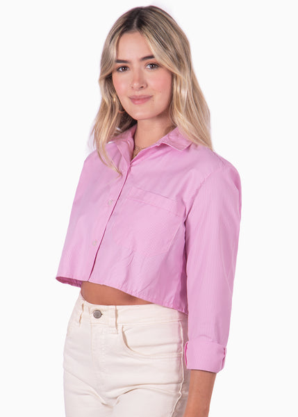 Camisa rosada crop manga larga con botones para mujer Flashy