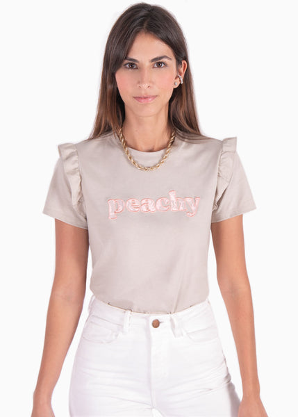 Camiseta beige con aplique "Peachy" para mujer