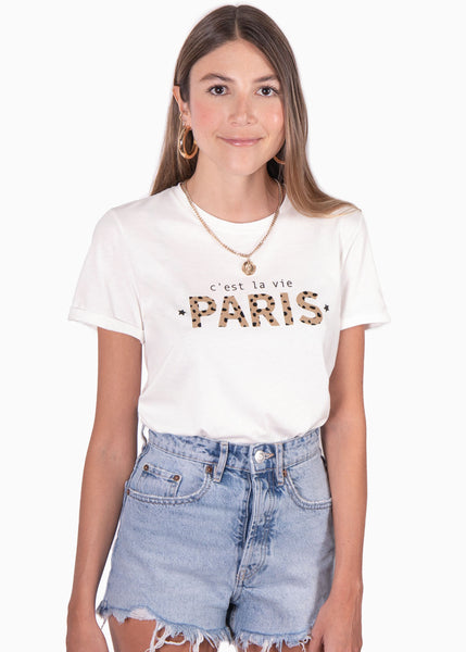 Camiseta blanca con estampado "c'est la vie paris" de animal print para mujer Flashy