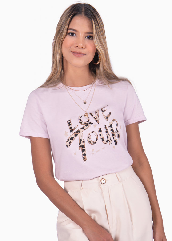 Camiseta lila con estampado "love tour" de animal print para mujer Flashy