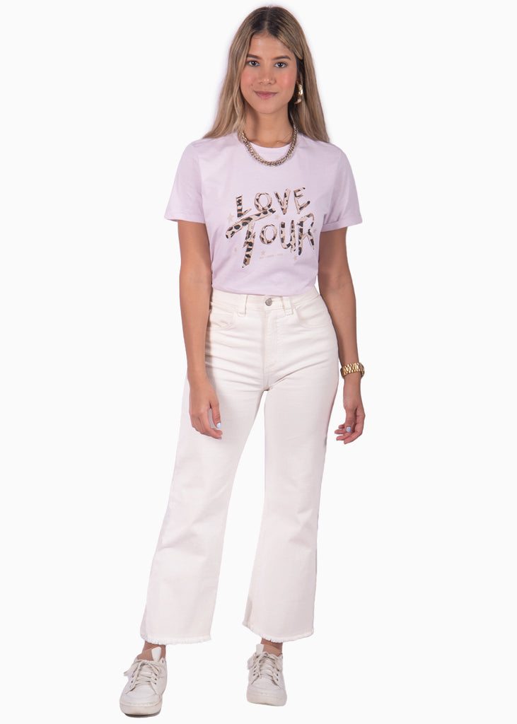 Camiseta lila con estampado "love tour" de animal print para mujer Flashy