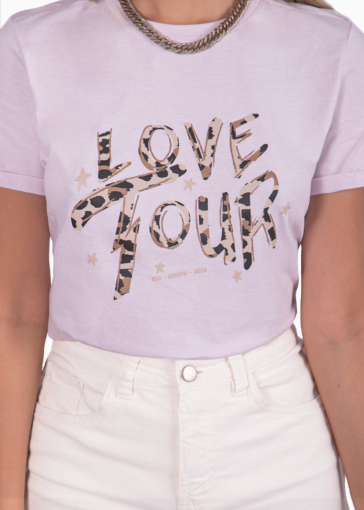 Camiseta lila con estampado "love tour" de animal print para mujer Flashy