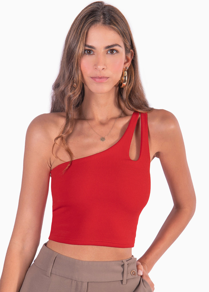 Crop top rojo de un solo hombro para mujer Flashy
