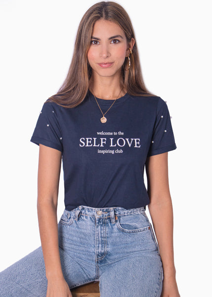 Camiseta con estampado "Self love" y perlas en mangas - LAURIE