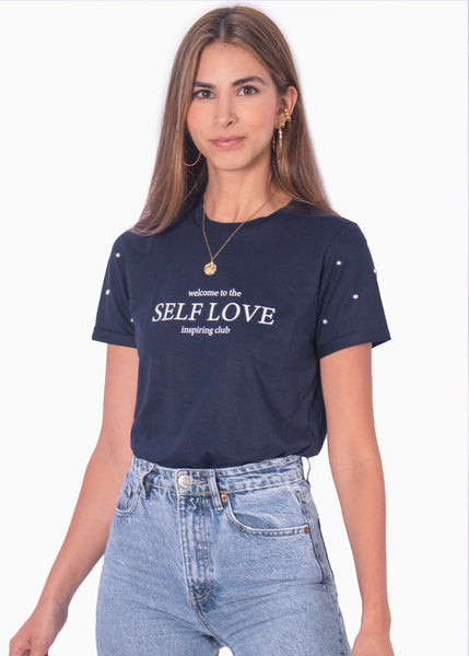 Camiseta con estampado "Self love" y perlas en mangas - LAURIE