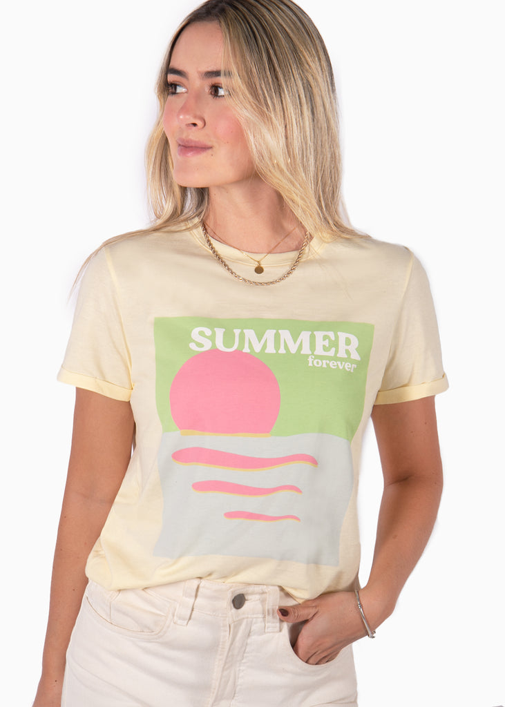 Camiseta amarillo con estampado "Verano eterno" para mujer Flashy