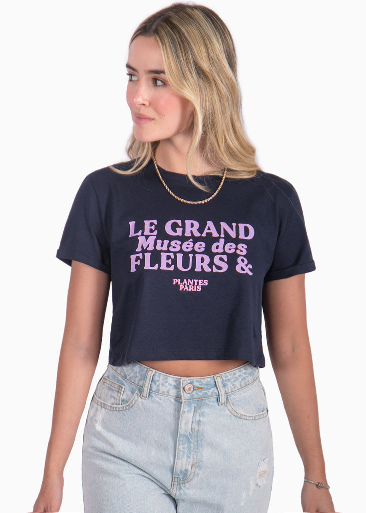Camiseta corta azul con estampado de "Le grand museé des fleurs & plants" para mujer Flashy