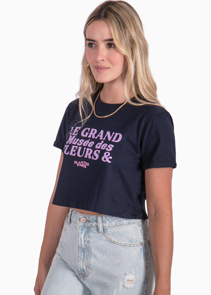 Camiseta corta azul con estampado de "Le grand museé des fleurs & plants" para mujer Flashy