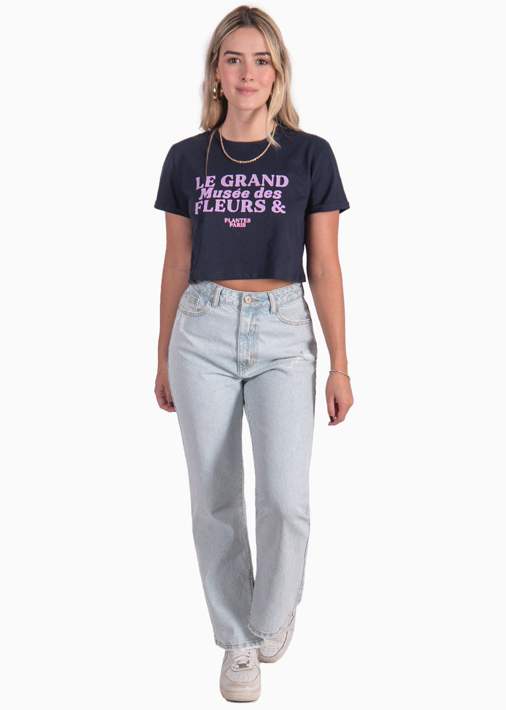 Camiseta corta azul con estampado de "Le grand museé des fleurs & plants" para mujer Flashy