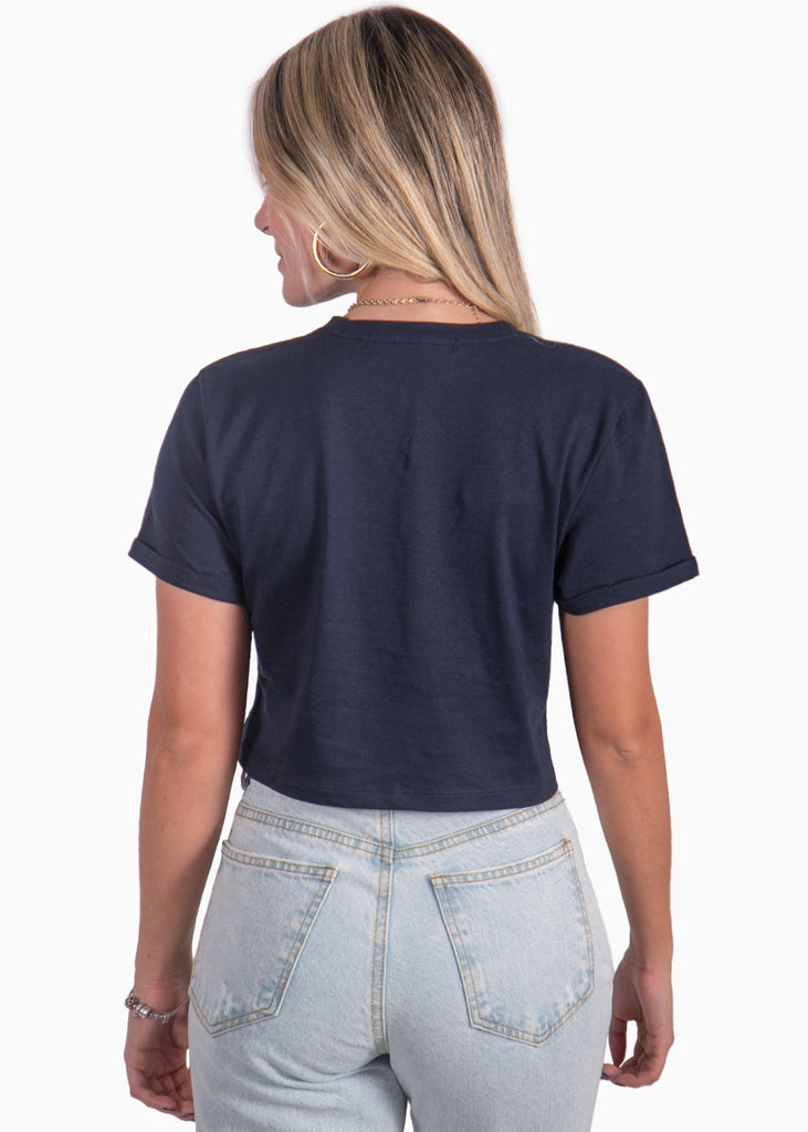 Camiseta corta azul con estampado de "Le grand museé des fleurs & plants" para mujer Flashy