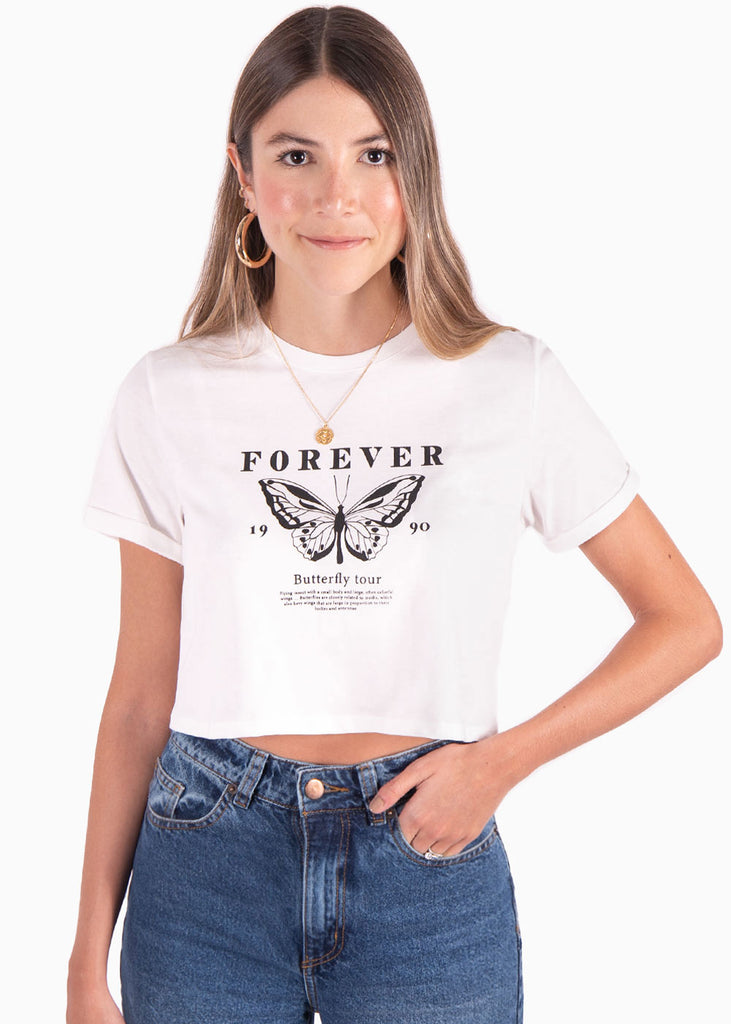 Camiseta blanca corta con estampado "Forever" para mujer Flashy