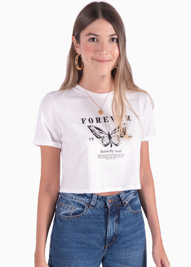 Camiseta blanca corta con estampado "Forever" para mujer Flashy
