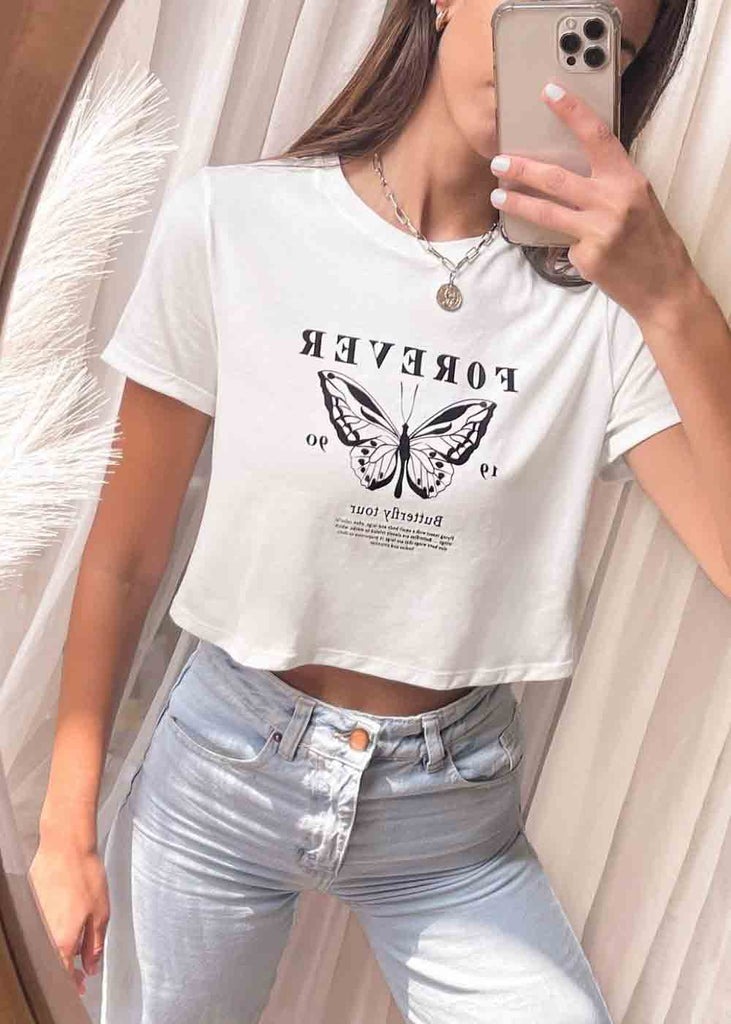 Camiseta blanca corta con estampado "Forever" para mujer Flashy
