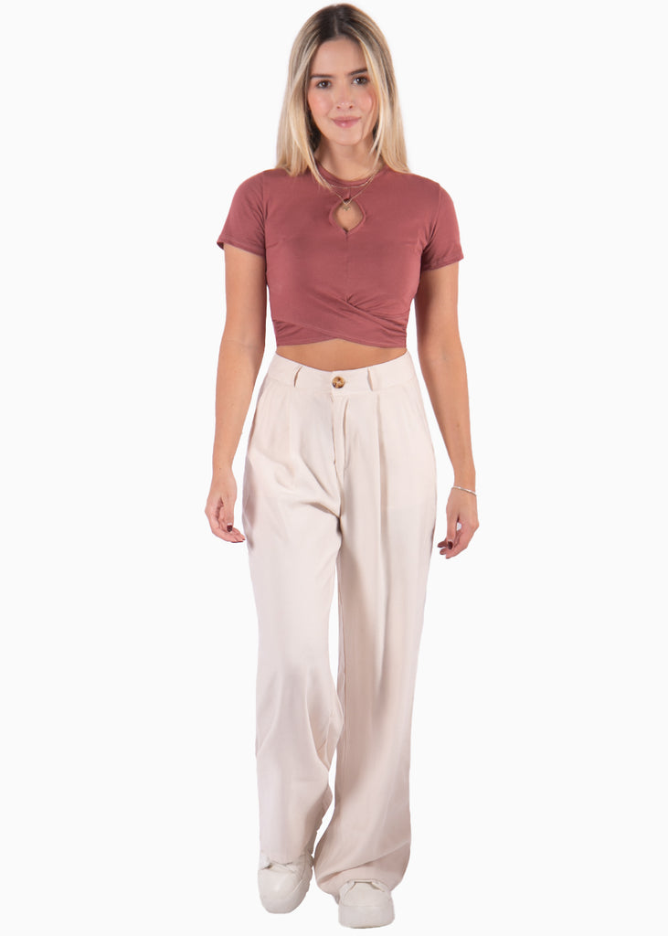 Camiseta crop manga corta con frente entorchado - BRITTANIA