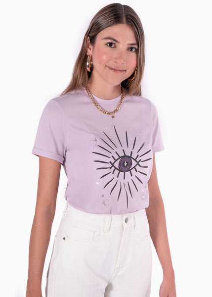 Camiseta lila estampada de ojo con estrellas para mujer Flashy