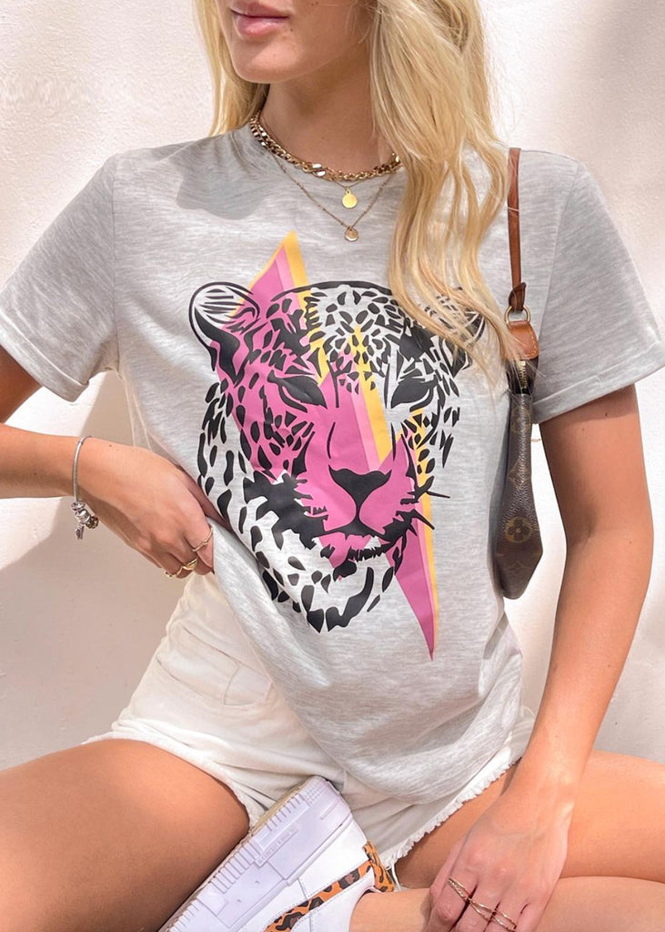 Camiseta gris estampada de tigre con rayo para mujer Flashy