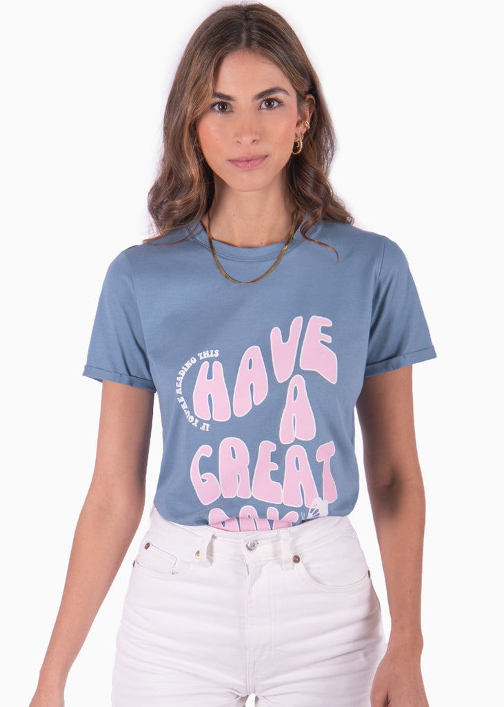 Camiseta azul estampada "Have a great day" para mujer Flashy