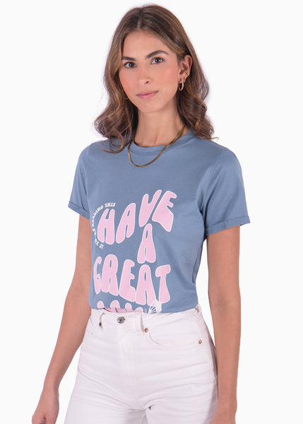 Camiseta azul estampada "Have a great day" para mujer Flashy