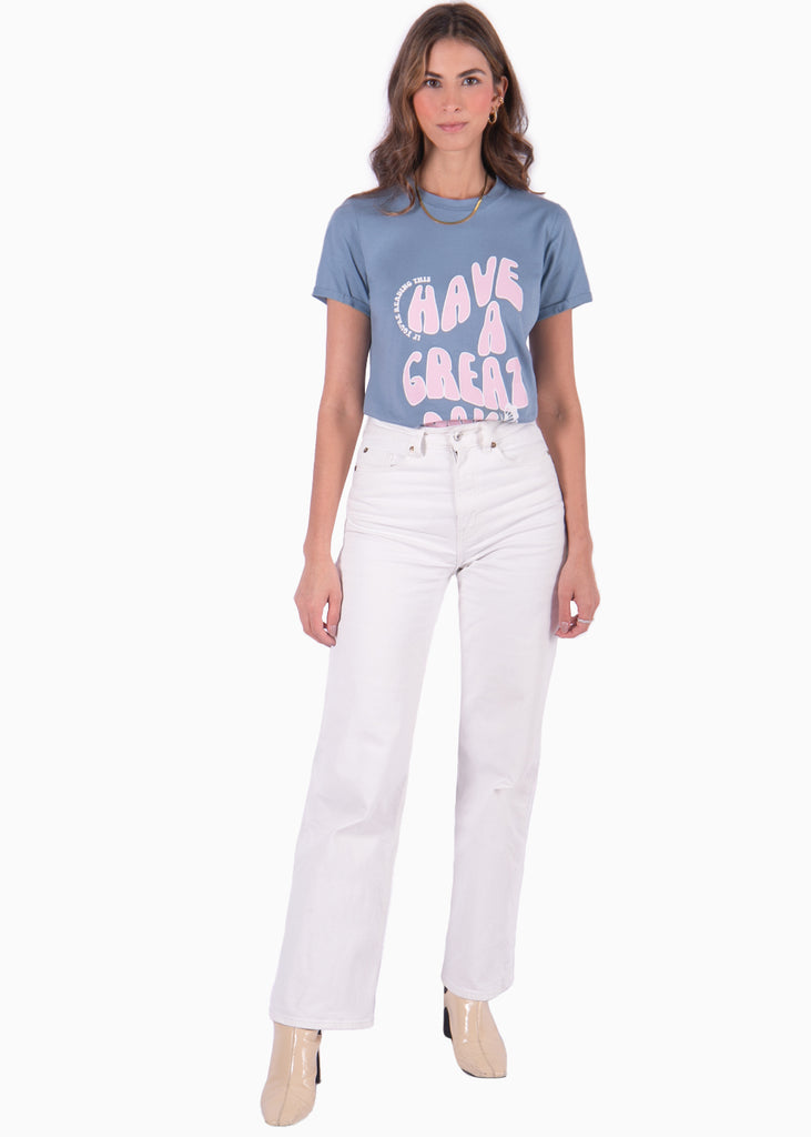 Camiseta azul estampada "Have a great day" para mujer Flashy