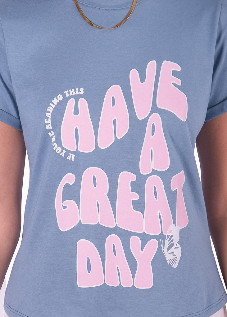 Camiseta azul estampada "Have a great day" para mujer Flashy