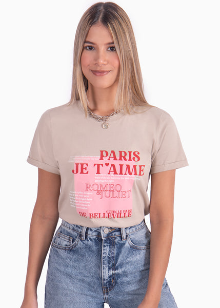 Camiseta beige estampada "Paris Je t'aime" para mujer Flashy