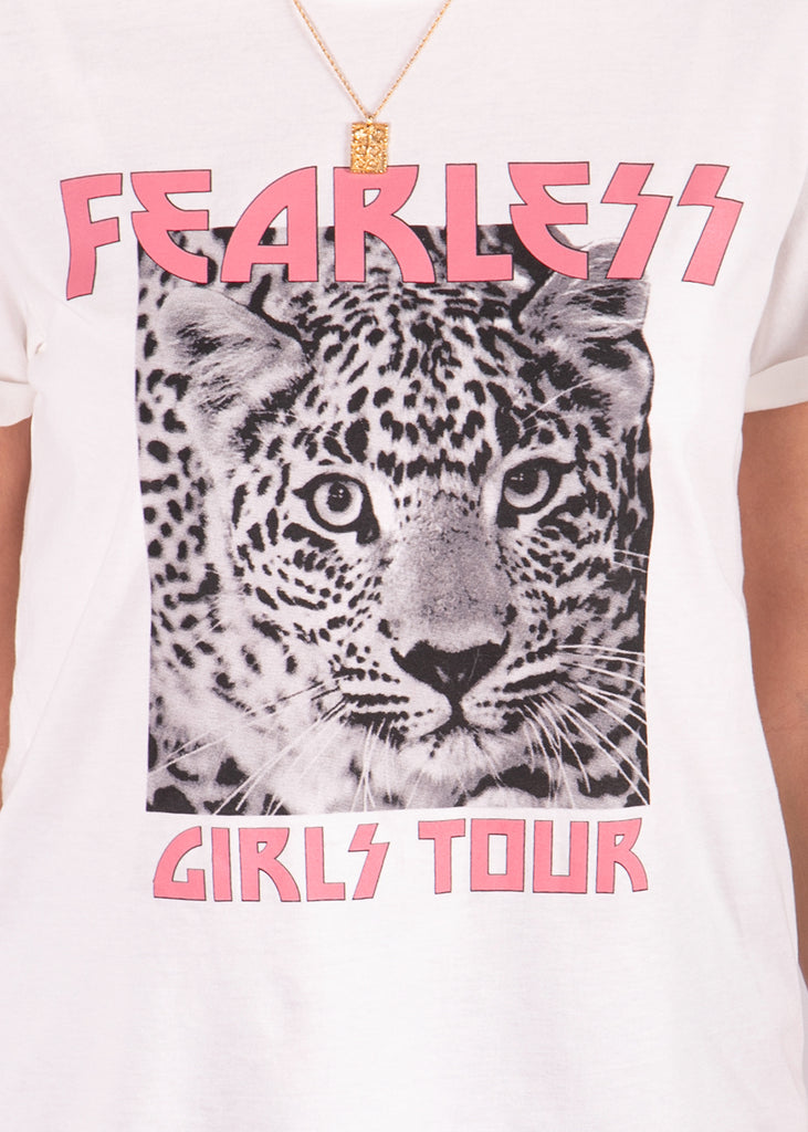 Camiseta blanca estampada tigre "Fearless" para mujer Flashy