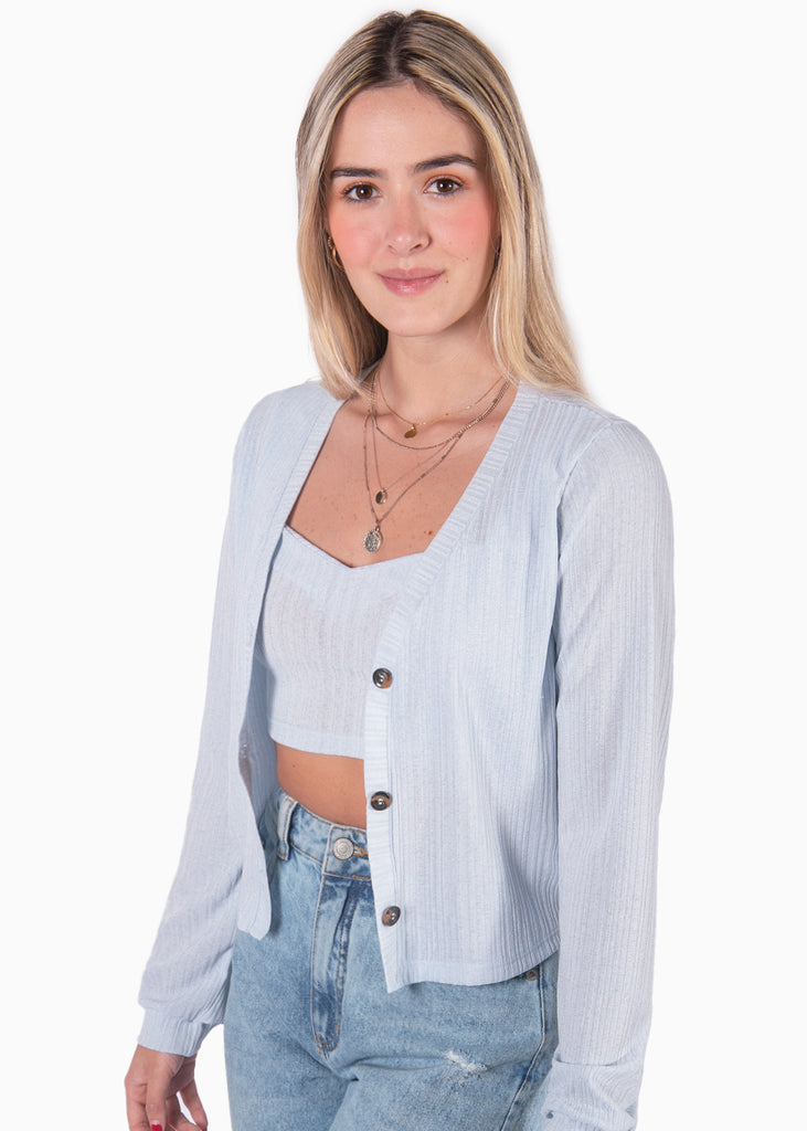 Cardigan azul manga larga tejido para mujer Flashy