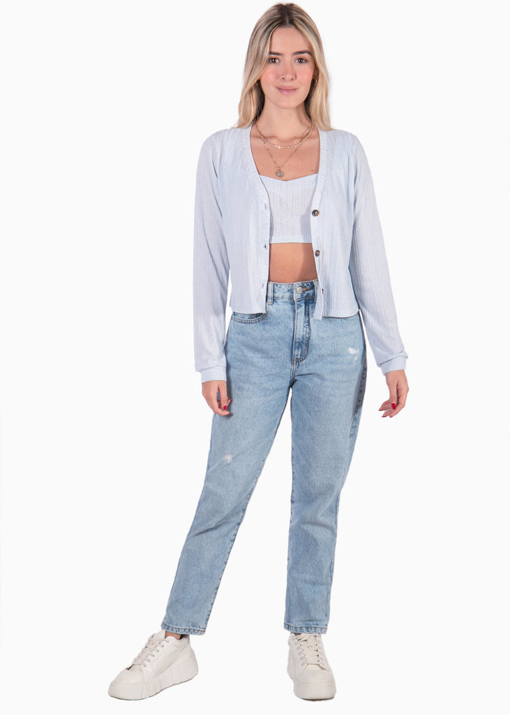 Cardigan azul manga larga tejido para mujer Flashy