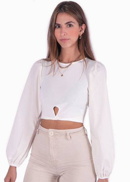 Crop top blanco con entorchado y mangas abullonadas para mujer Flashy