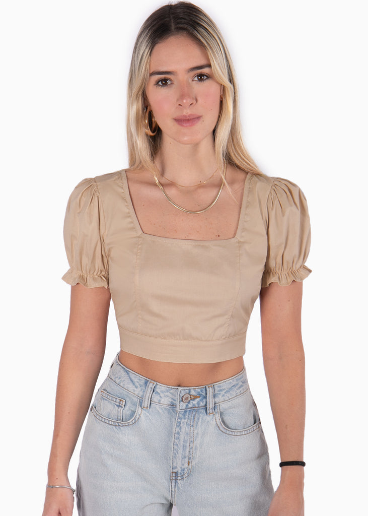 Crop top beige con escote cuadrado y anudado en la espalda para mujer Flashy