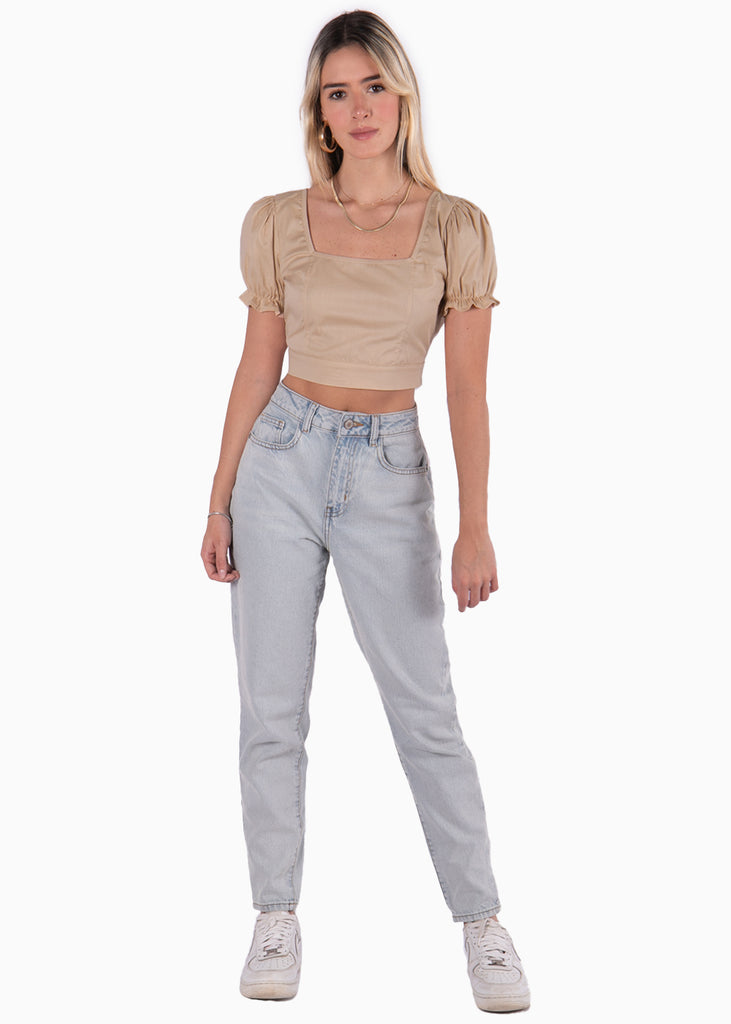 Crop top beige con escote cuadrado y anudado en la espalda para mujer Flashy