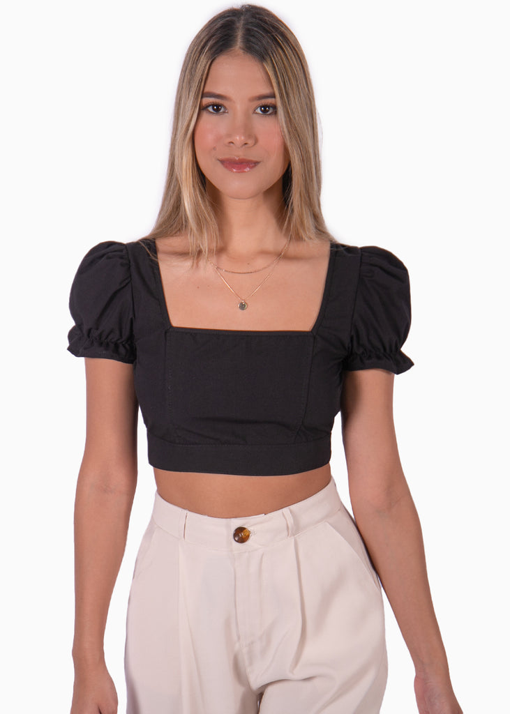 Crop top negro con escote cuadrado y anudado en la espalda para mujer Flashy